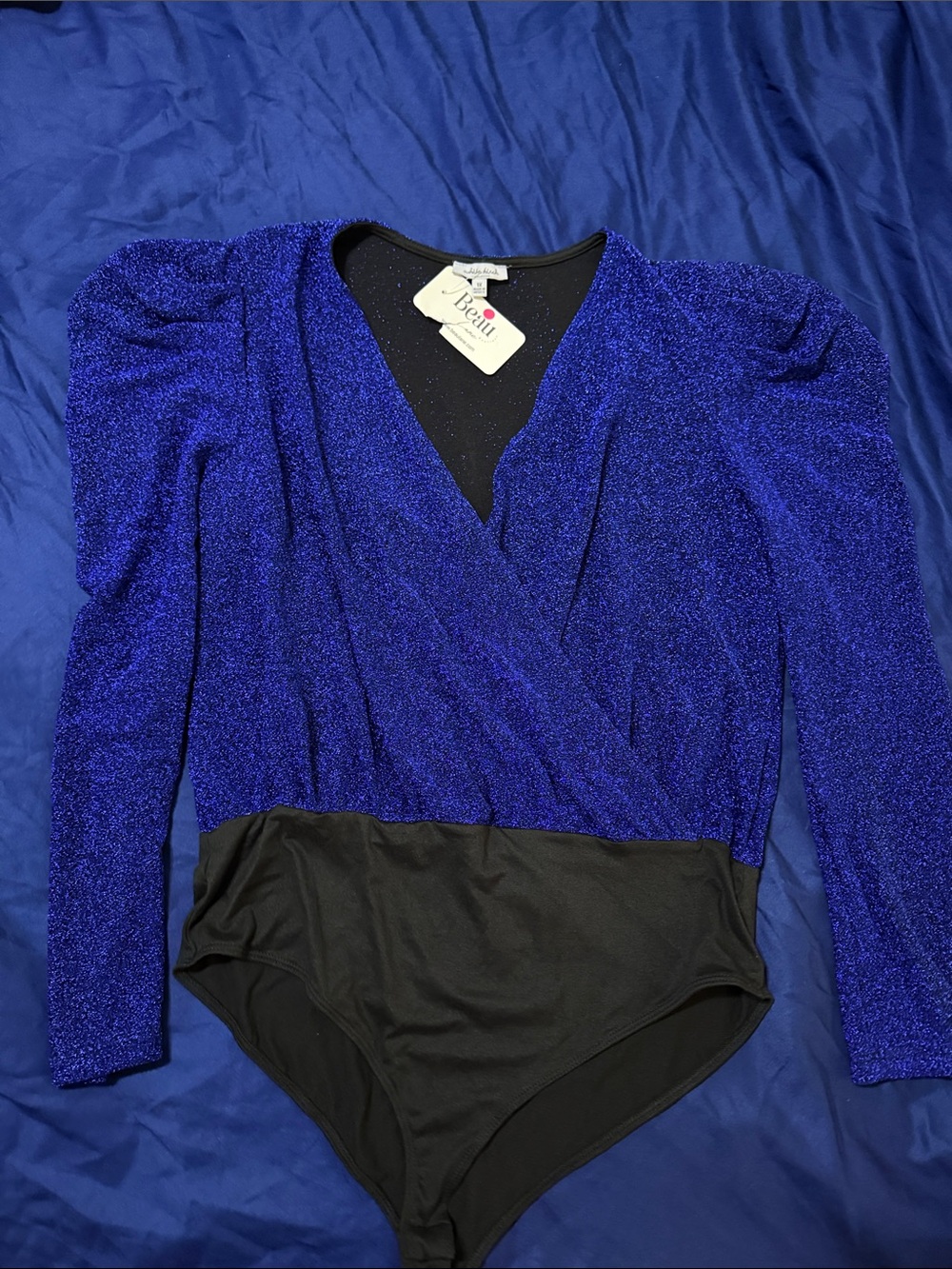 white birch Royal Blue Sparkly Surplice Bodysuit